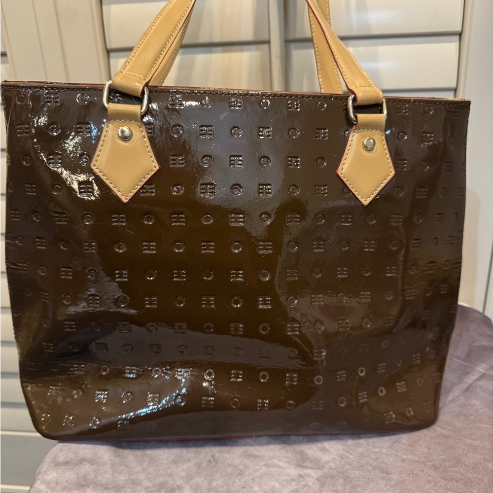 Arcadia chocolate, brown pattern, leather‎ tote NICE